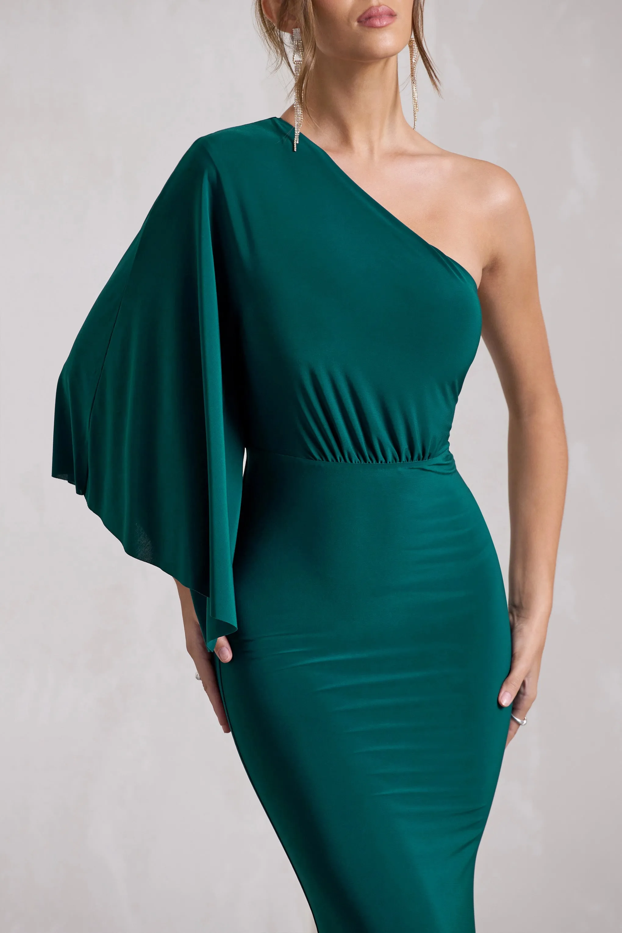 Luciana | Bottle Green One Shoulder Drape Sleeve Maxi Dress