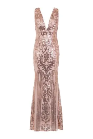 Lush Luxe Rose Gold Triple V Plunge Sequin Illusion Fishtail Maxi Dress