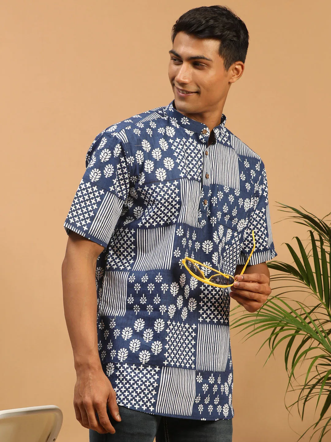 Men's Blue Cotton Short Kurta - Vastramay