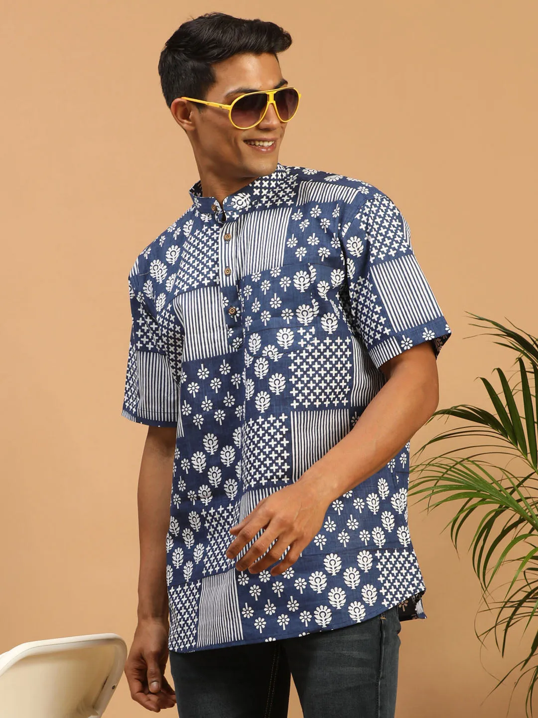 Men's Blue Cotton Short Kurta - Vastramay