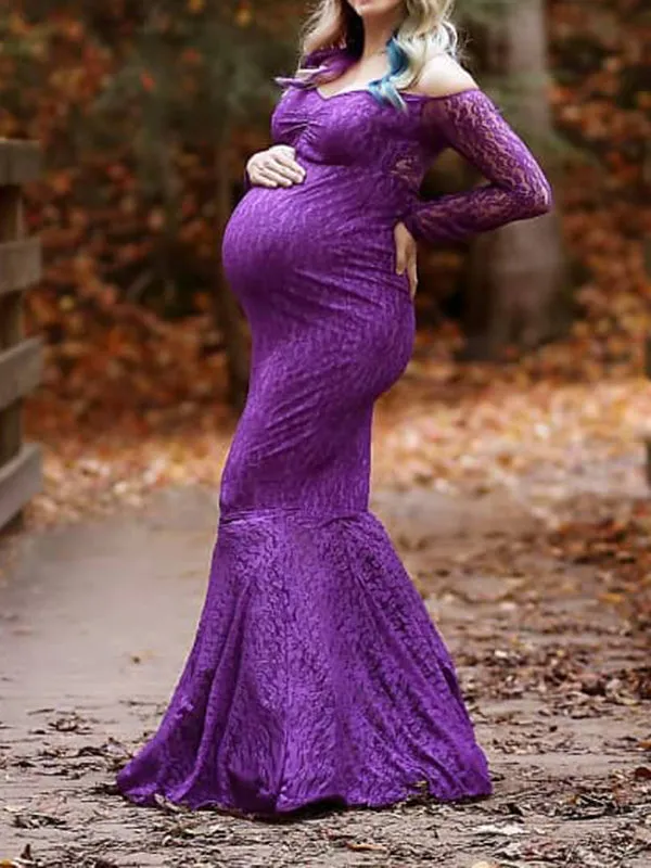 Momnfancy Elegant Purple Lace Off Shoulder Mermaid Floor Mopping Babyshower Maternity Photoshoot Maxi Dress