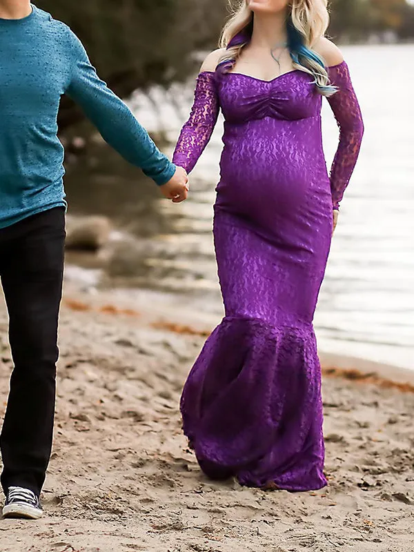 Momnfancy Elegant Purple Lace Off Shoulder Mermaid Floor Mopping Babyshower Maternity Photoshoot Maxi Dress