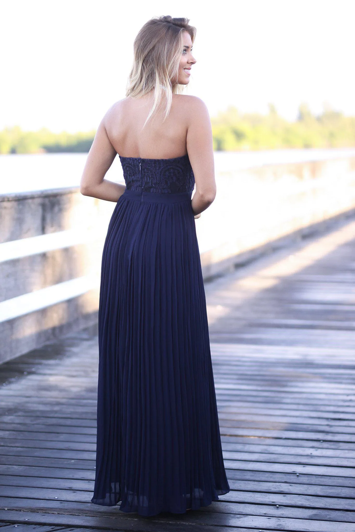 Navy Strapless Pleated Maxi Dress