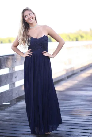 Navy Strapless Pleated Maxi Dress