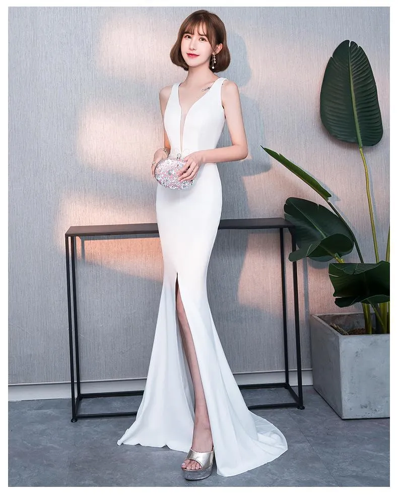 Noble Elegant Fishtail Sexy Fashion Lady White Evening Dress