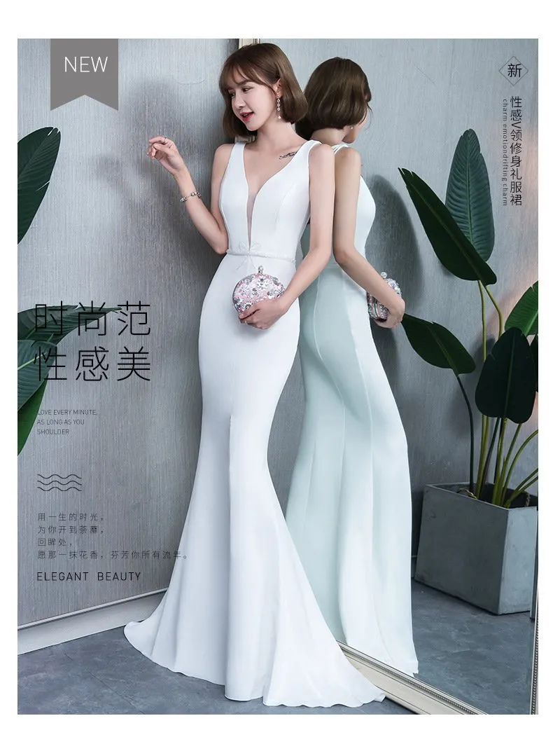 Noble Elegant Fishtail Sexy Fashion Lady White Evening Dress