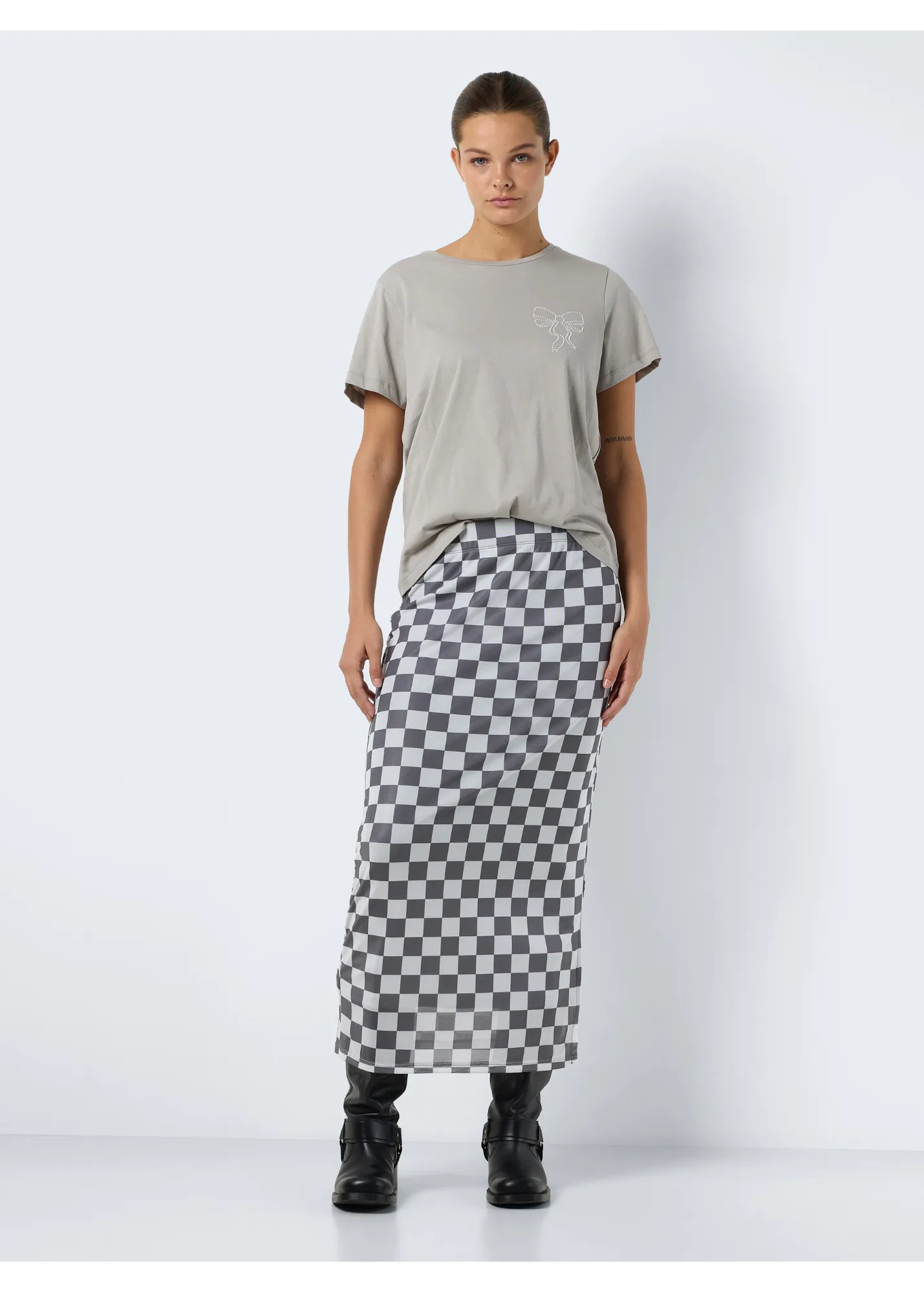 Noisy May - Grey Checkerboard Mesh Midi Skirt