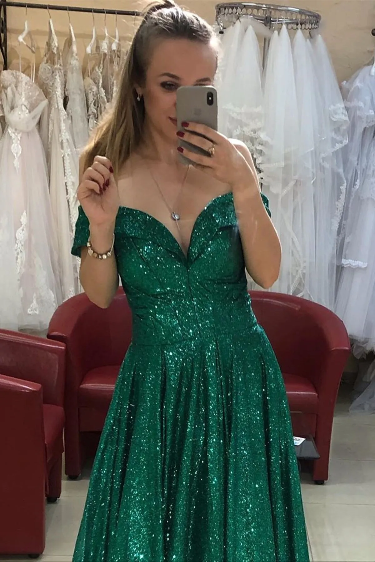 Off Shoulder Bling Bling Green Sequins Long Prom Dress, Off the Shoulder Green Formal Dress, Shiny Green Evening Dress