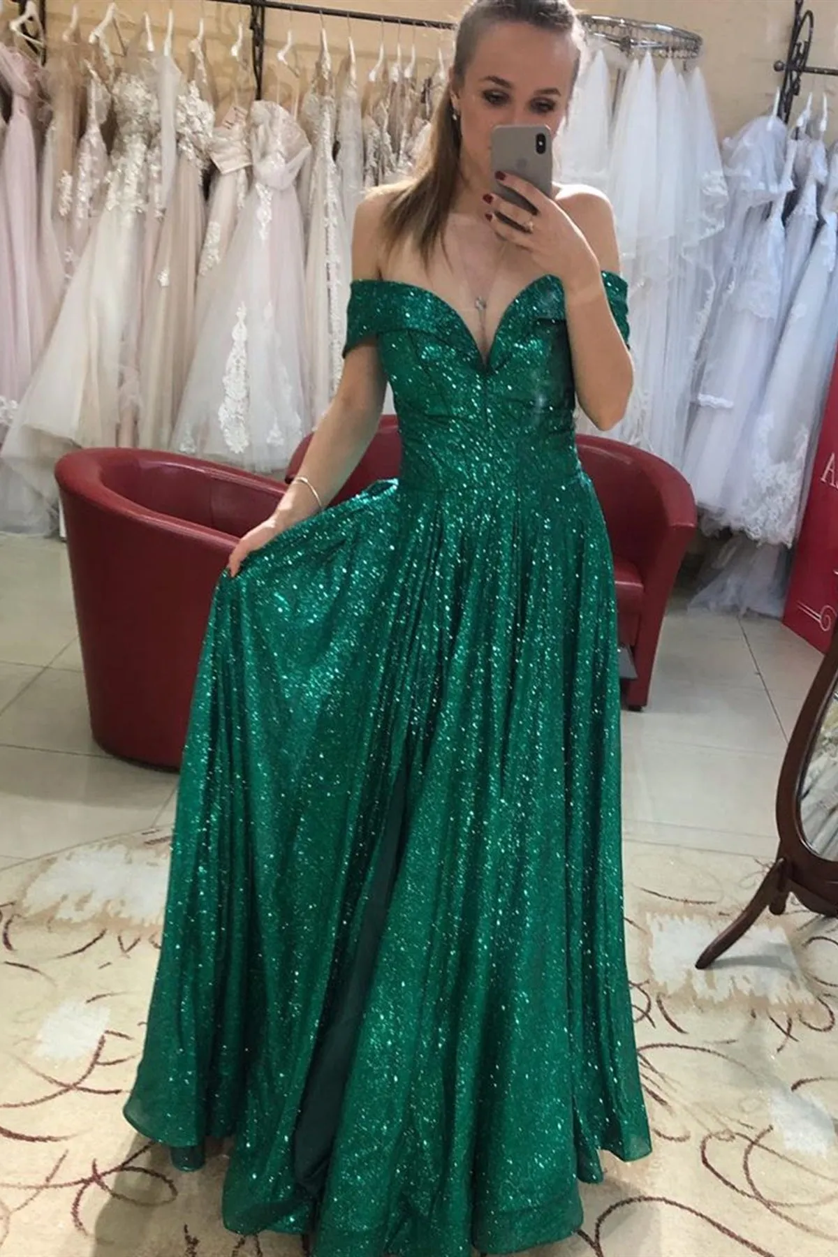 Off Shoulder Bling Bling Green Sequins Long Prom Dress, Off the Shoulder Green Formal Dress, Shiny Green Evening Dress