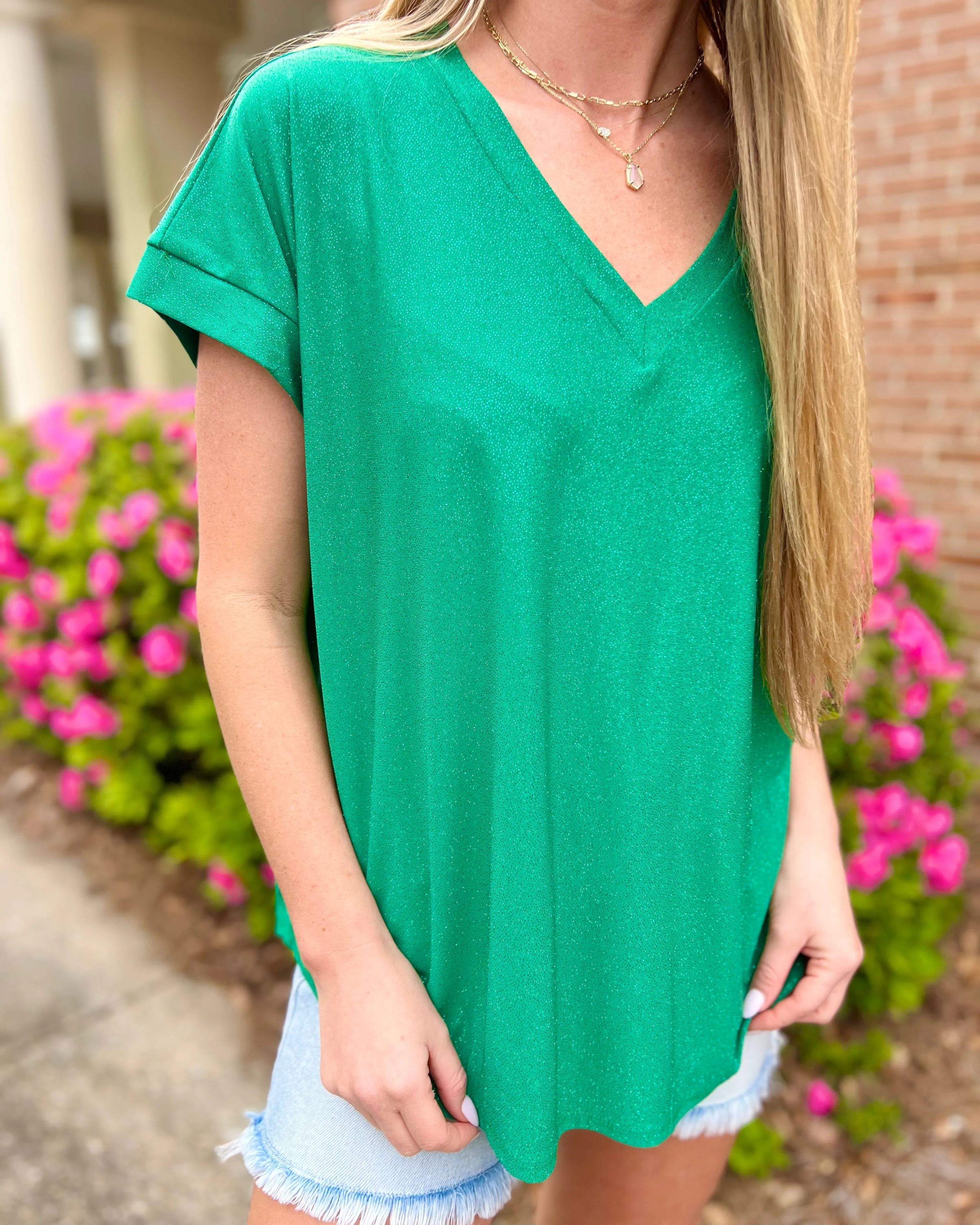 On Your Mind Green Shimmer V Neck Dolman Sleeve Top