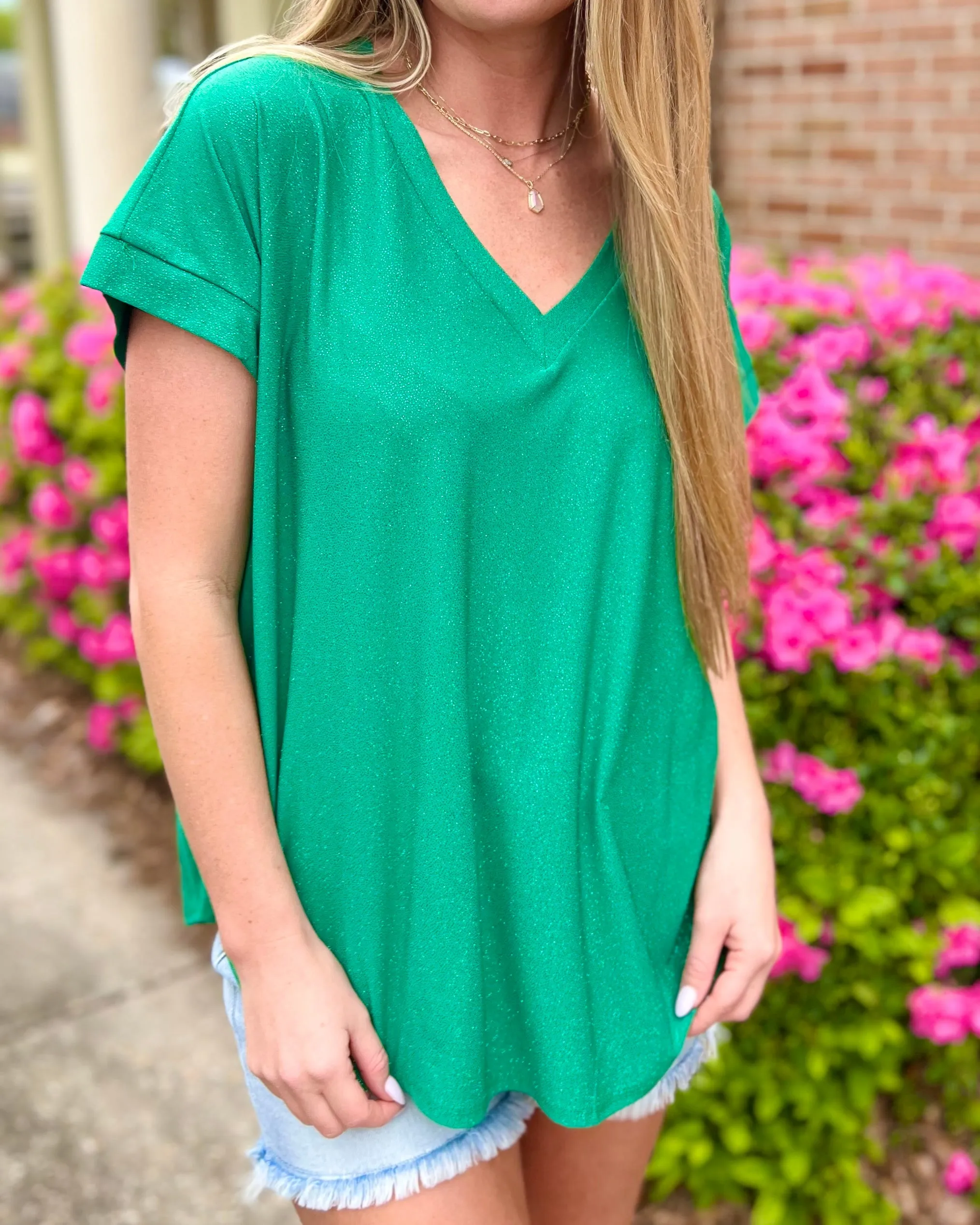 On Your Mind Green Shimmer V Neck Dolman Sleeve Top