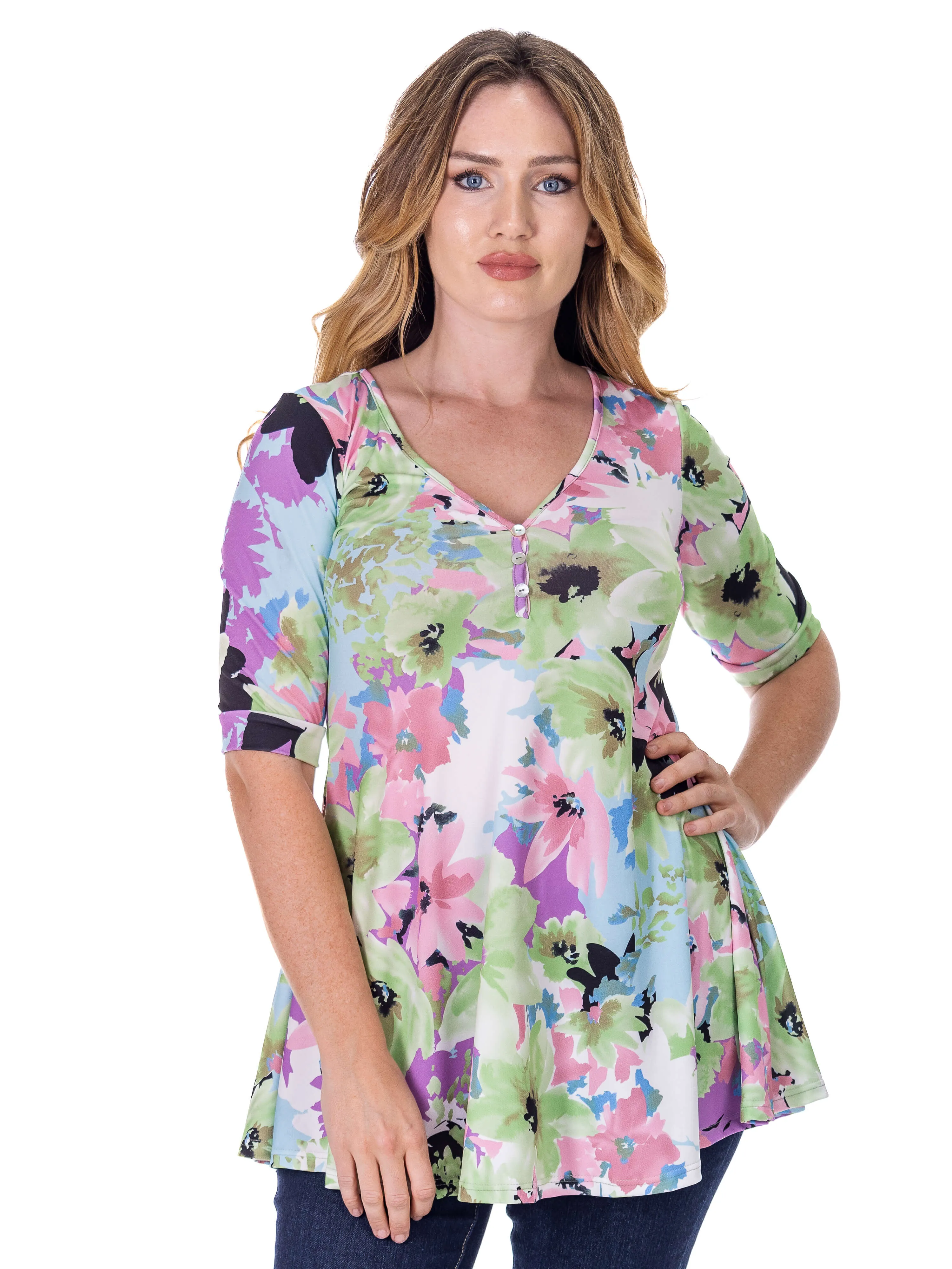 Pastel Color Floral Elbow Sleeve V Neck Henley Tunic Top