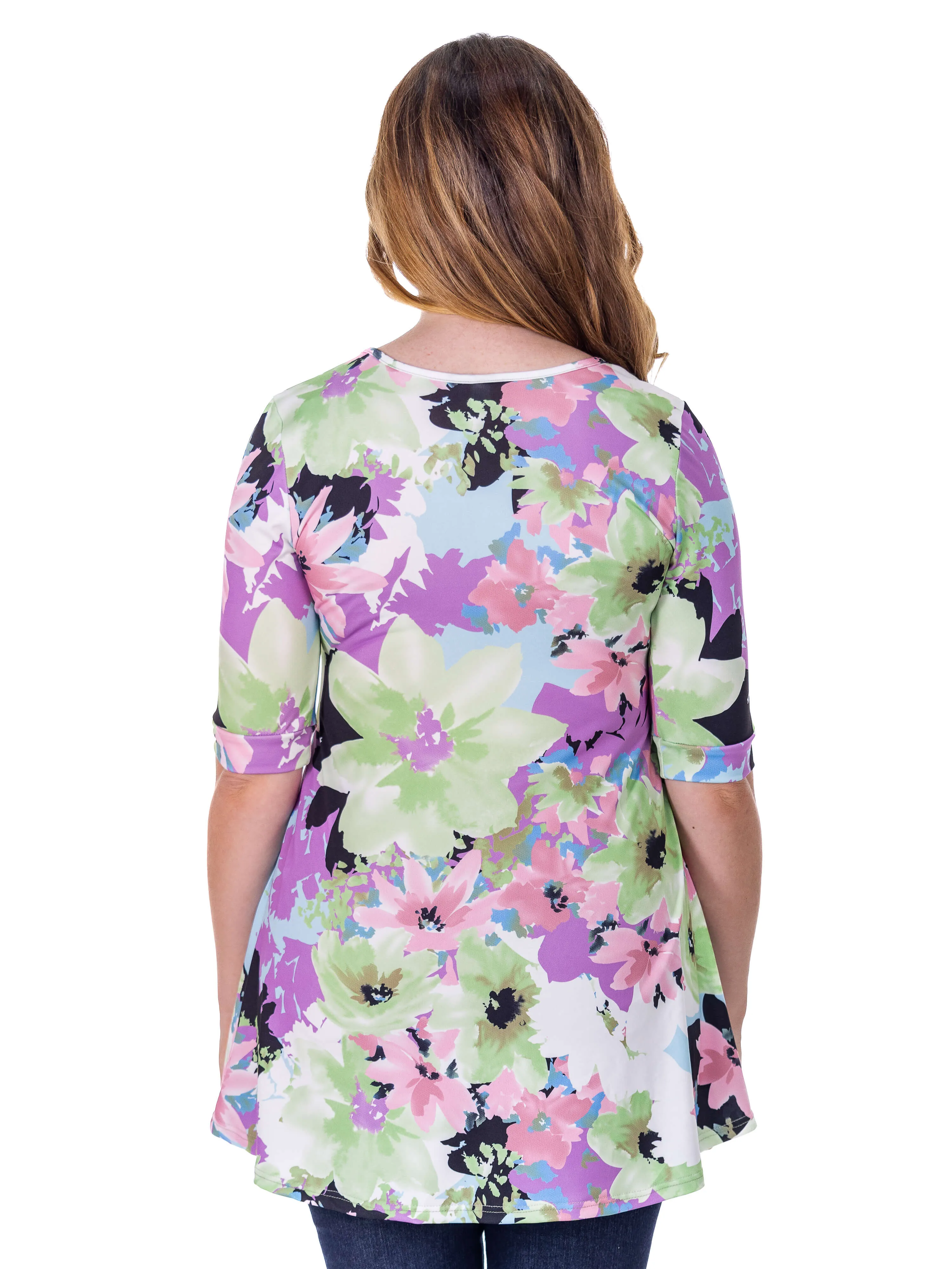 Pastel Color Floral Elbow Sleeve V Neck Henley Tunic Top