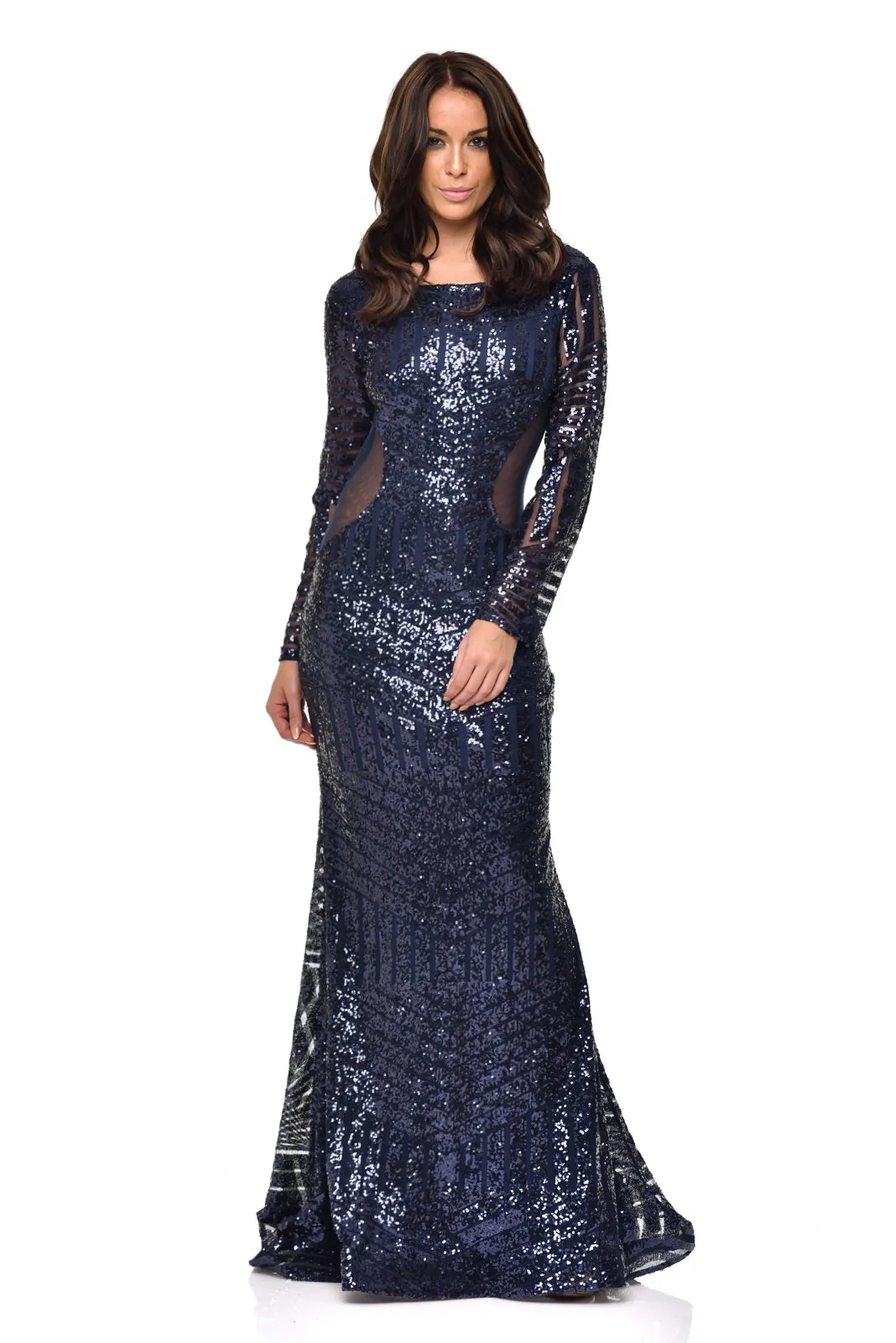 Penelope Navy Geometric Sequin Backless Mesh Fishtail Maxi Dress