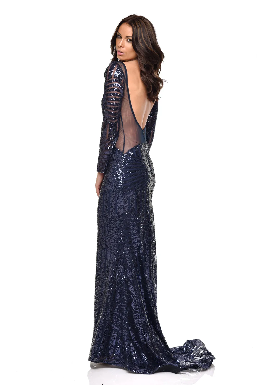 Penelope Navy Geometric Sequin Backless Mesh Fishtail Maxi Dress