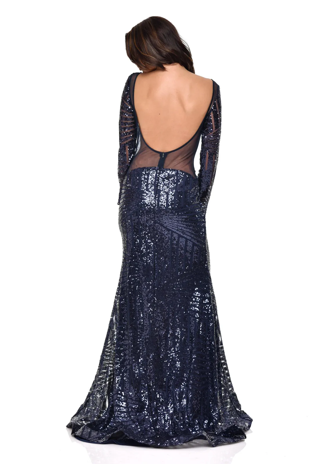 Penelope Navy Geometric Sequin Backless Mesh Fishtail Maxi Dress