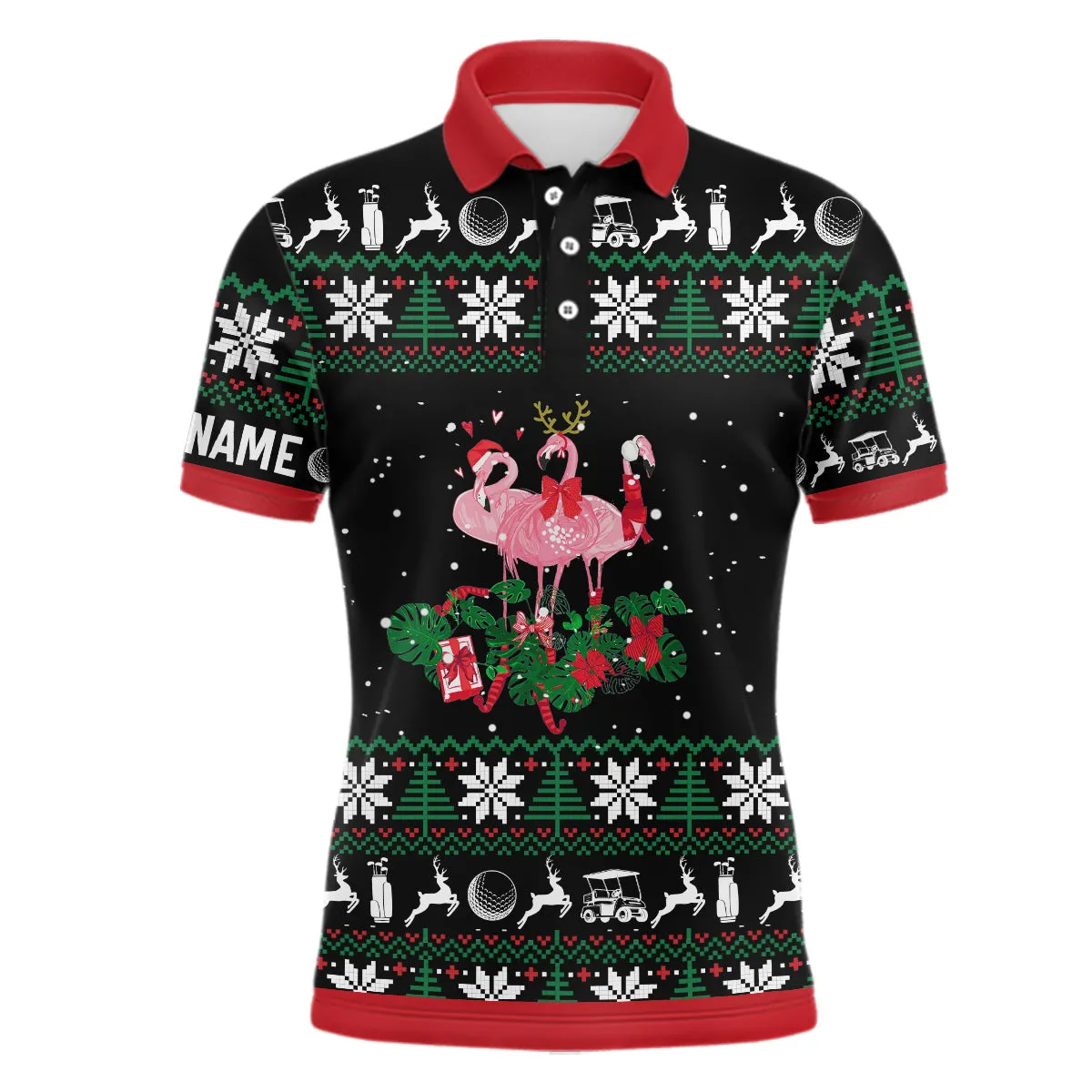 Personalized Christmas Flamingo Mens Golf Long Sleeve Polo Shirt Custom Golf Gifts For Men