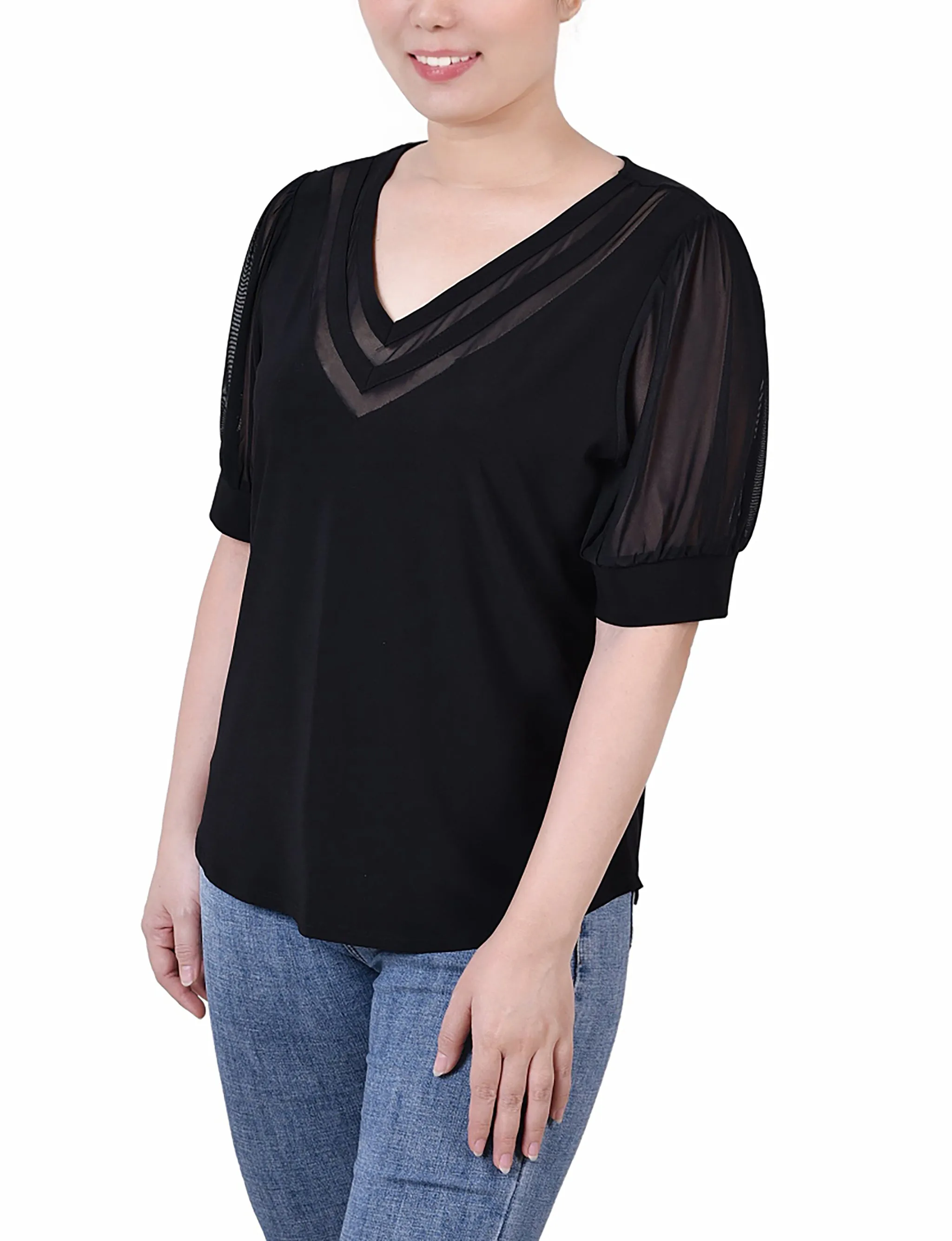 Petite Short Puff Sleeve V Neck Top