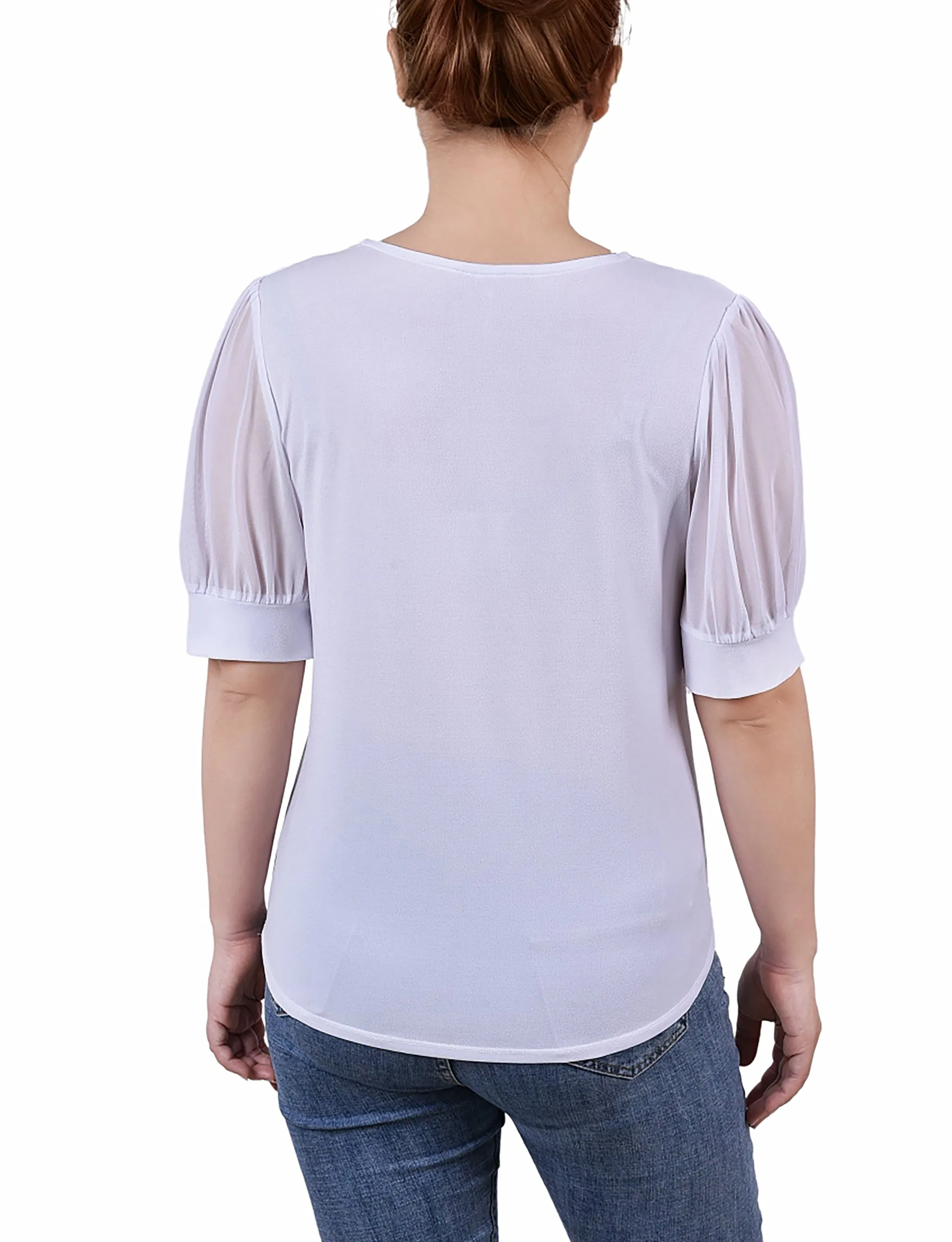 Petite Short Puff Sleeve V Neck Top