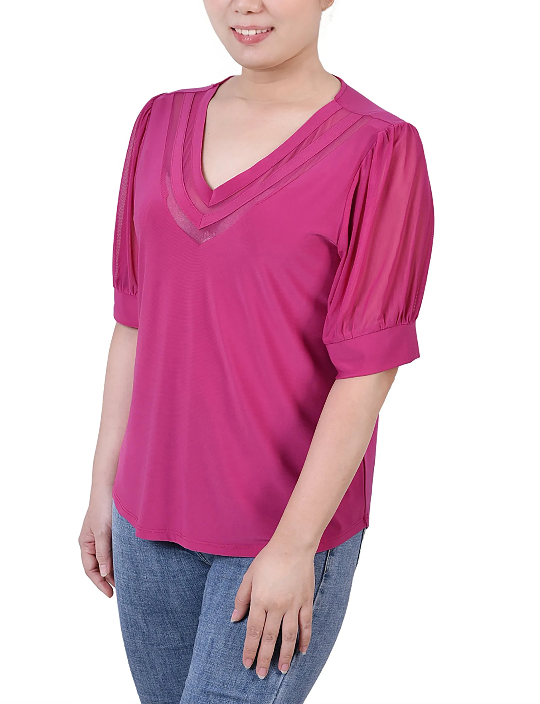 Petite Short Puff Sleeve V Neck Top