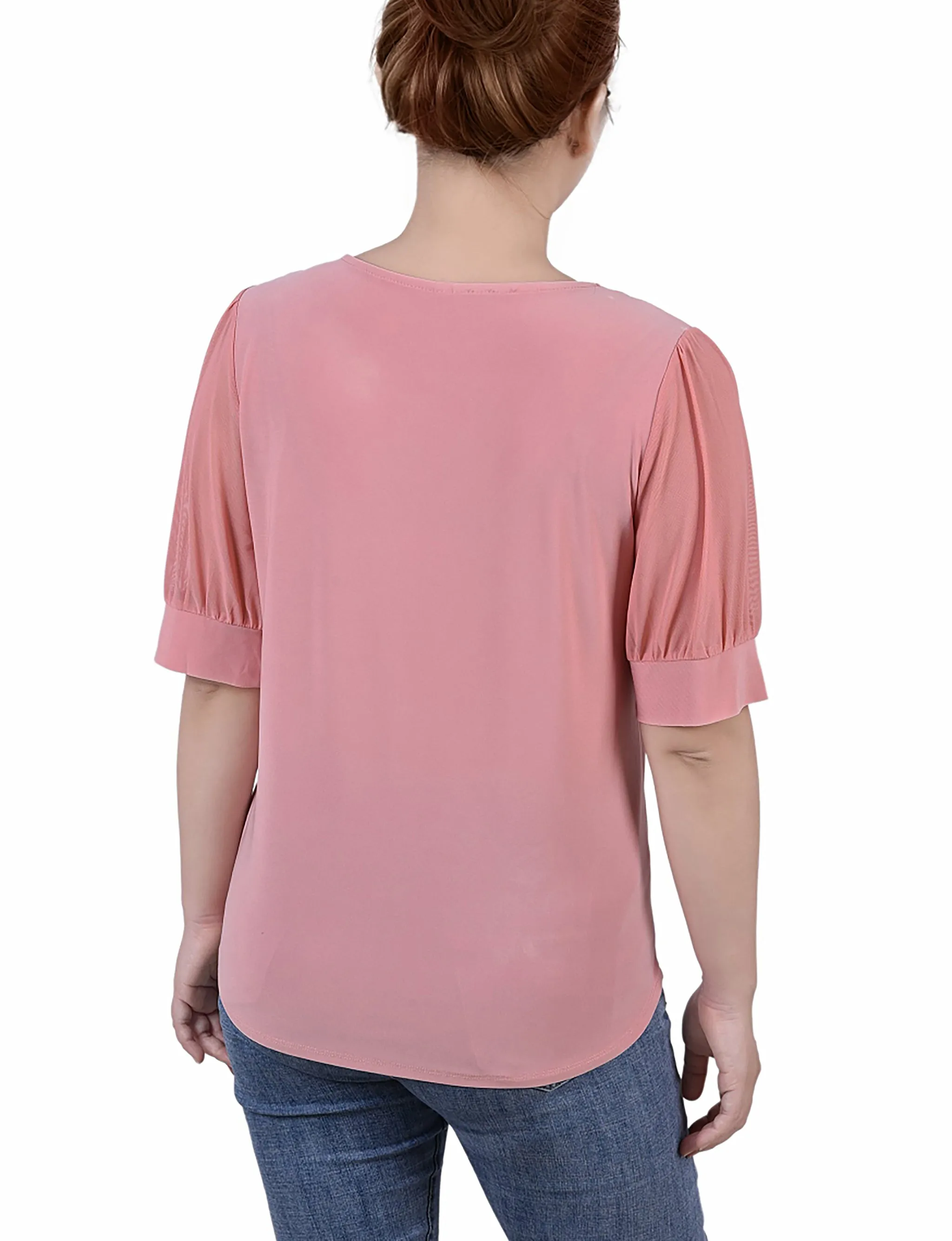 Petite Short Puff Sleeve V Neck Top