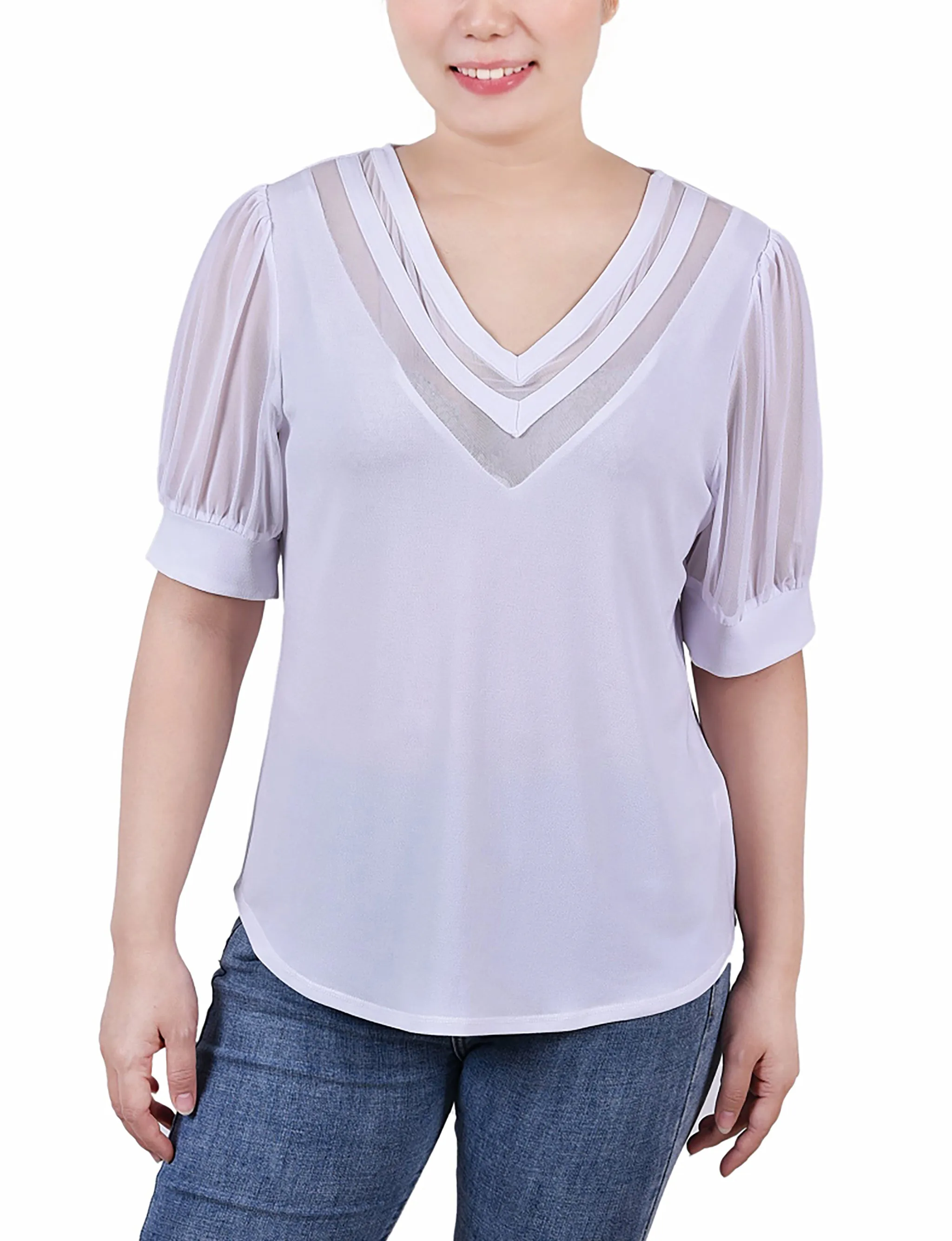 Petite Short Puff Sleeve V Neck Top