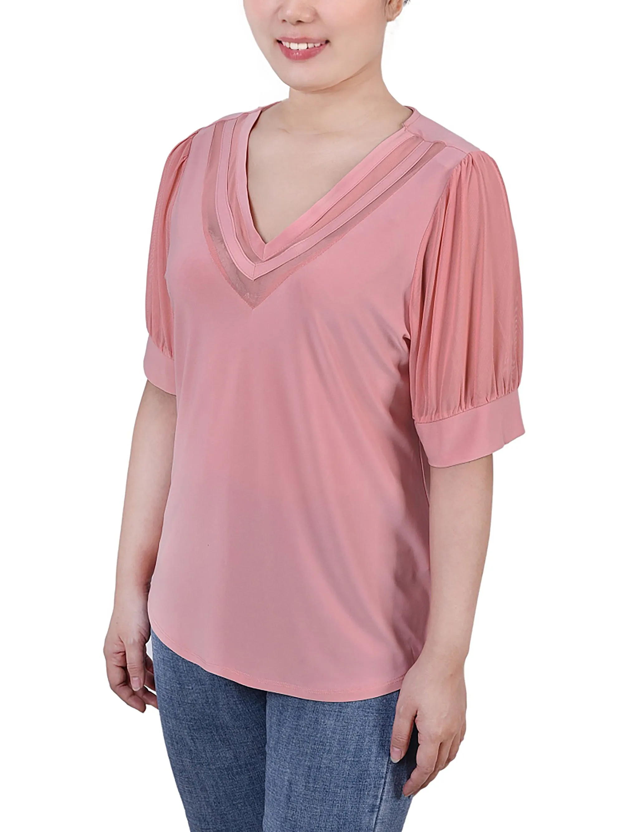 Petite Short Puff Sleeve V Neck Top