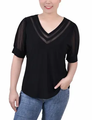 Petite Short Puff Sleeve V Neck Top