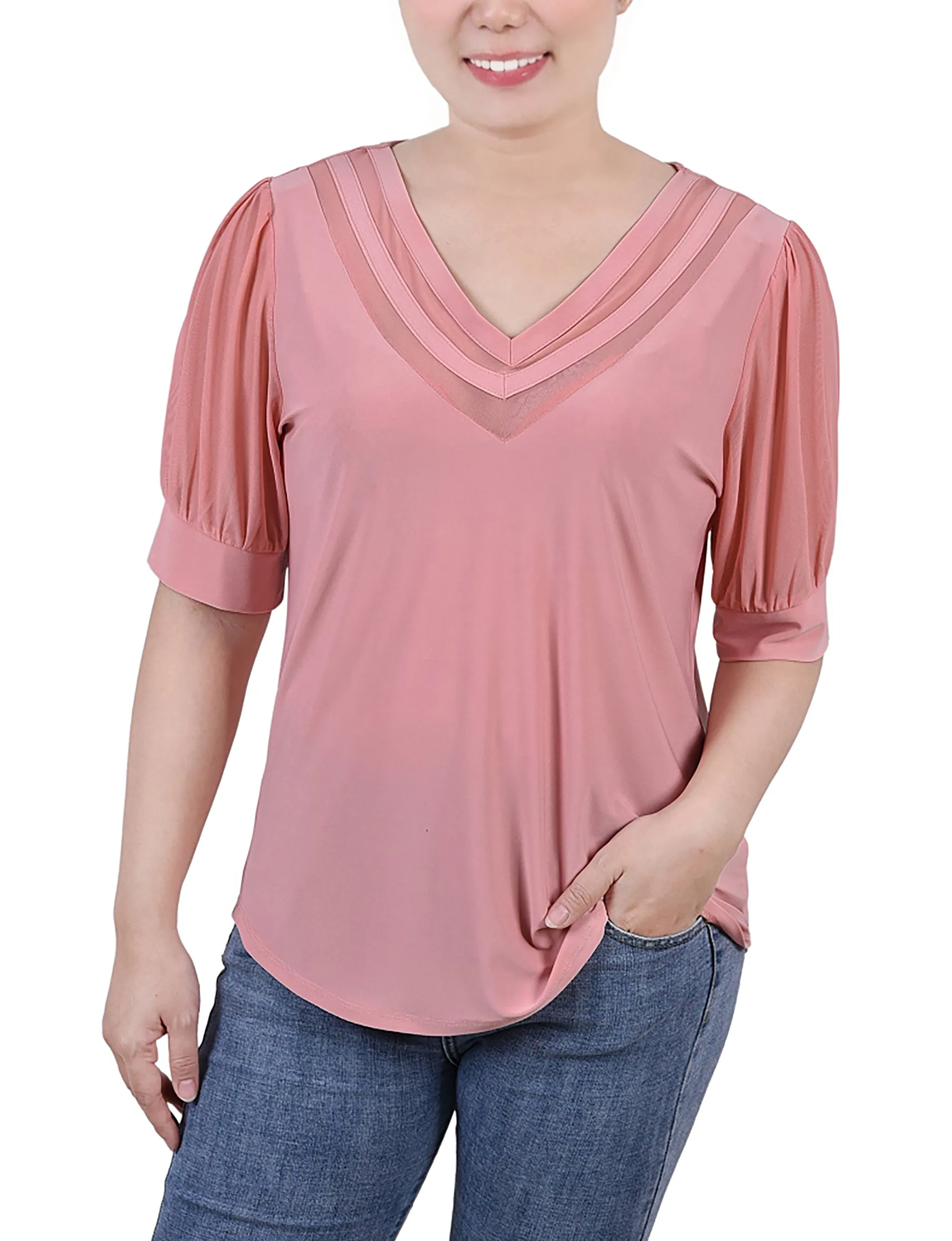 Petite Short Puff Sleeve V Neck Top