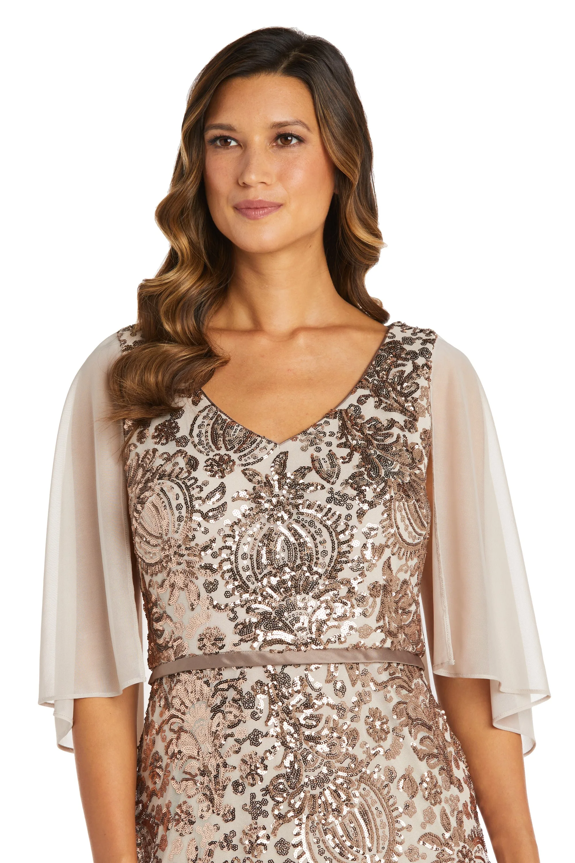 Petite Women All Over Sequin Capelet  Gown - Champagne