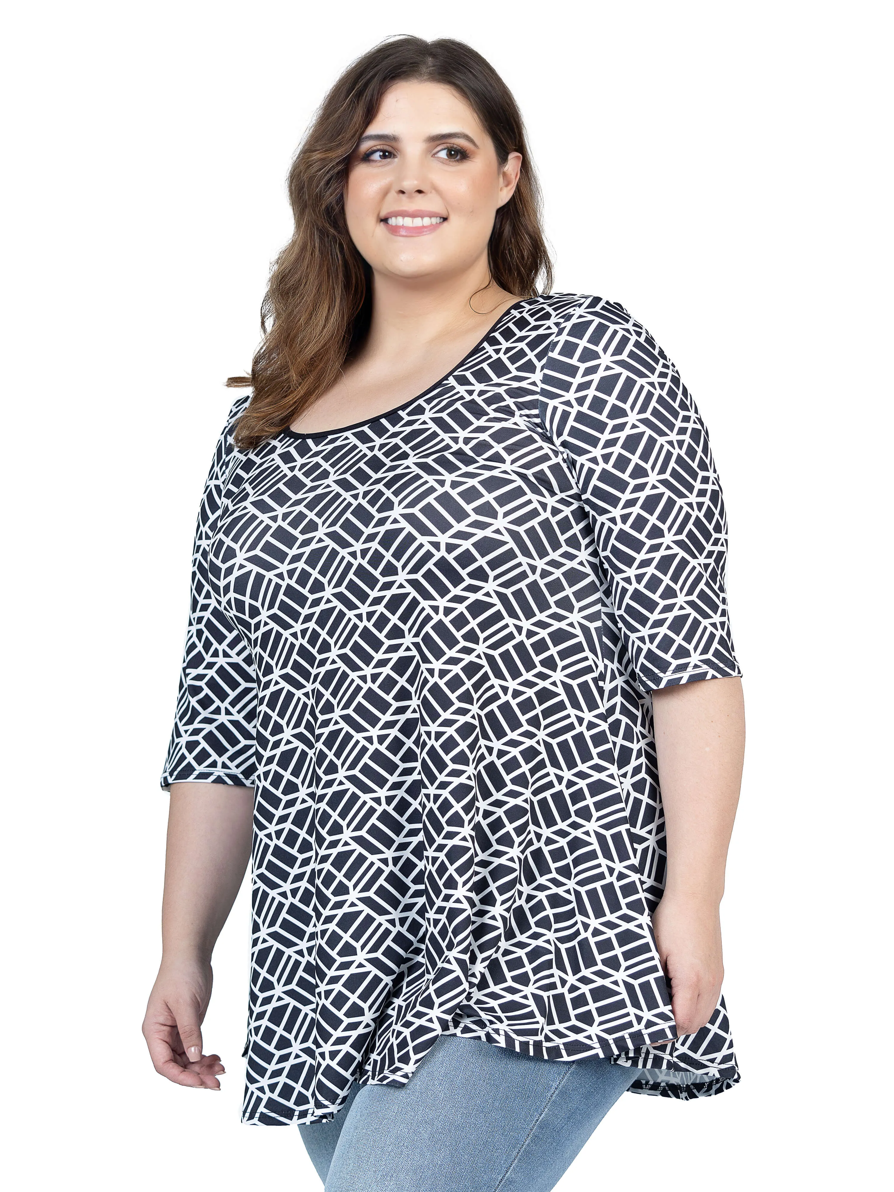 Plus Size Black Geometric Print Elbow Sleeve Casual Tunic Top