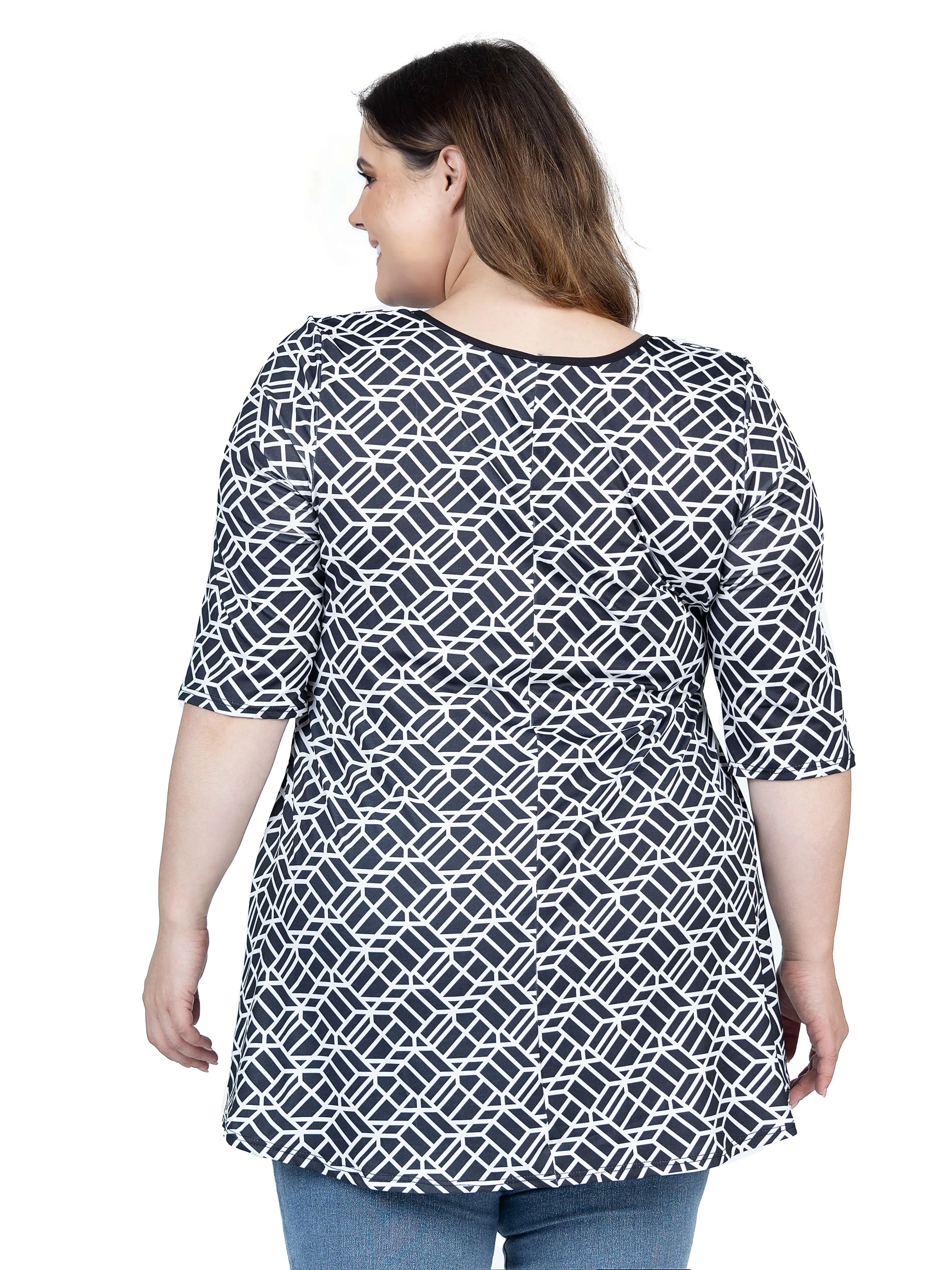 Plus Size Black Geometric Print Elbow Sleeve Casual Tunic Top