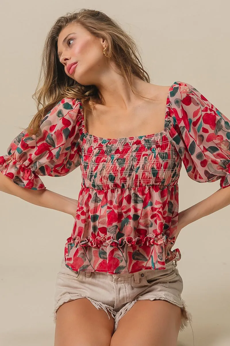 Printed Woven Puff Sleeve Smocking Top