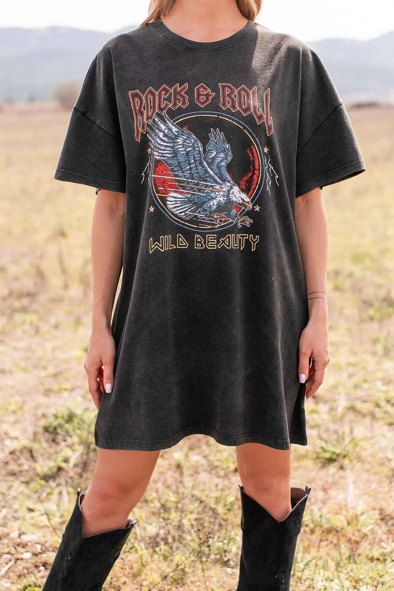 "Wild Beauty" Graphic T-Shirt Dress (Charcoal)