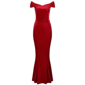 Red Cap Sleeve Crossover Bust Fishtail Hem Velour Maxi Dress