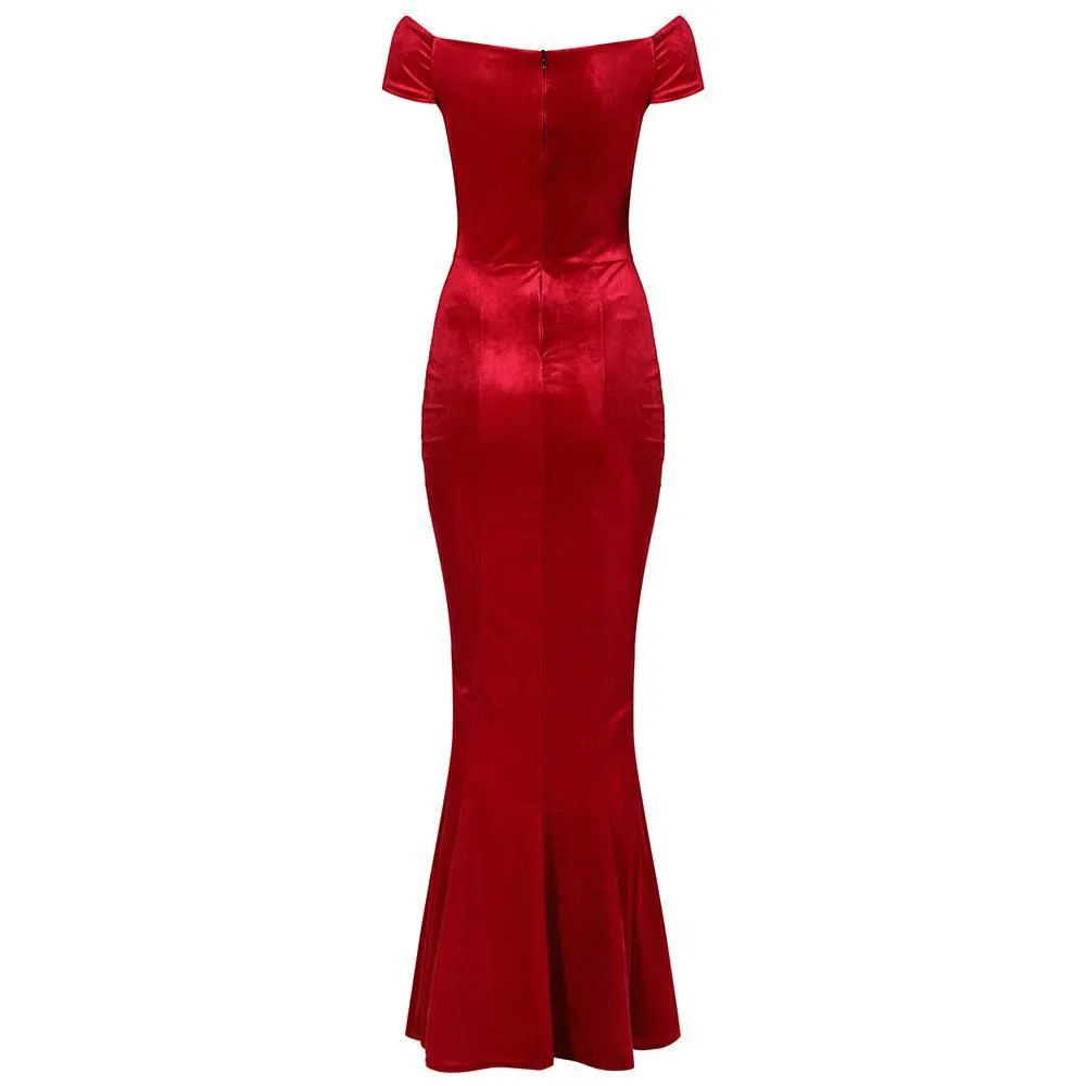 Red Cap Sleeve Crossover Bust Fishtail Hem Velour Maxi Dress