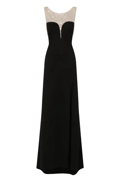 Seska Black Crystal Plunge Thigh Split Fishtail Maxi Dress