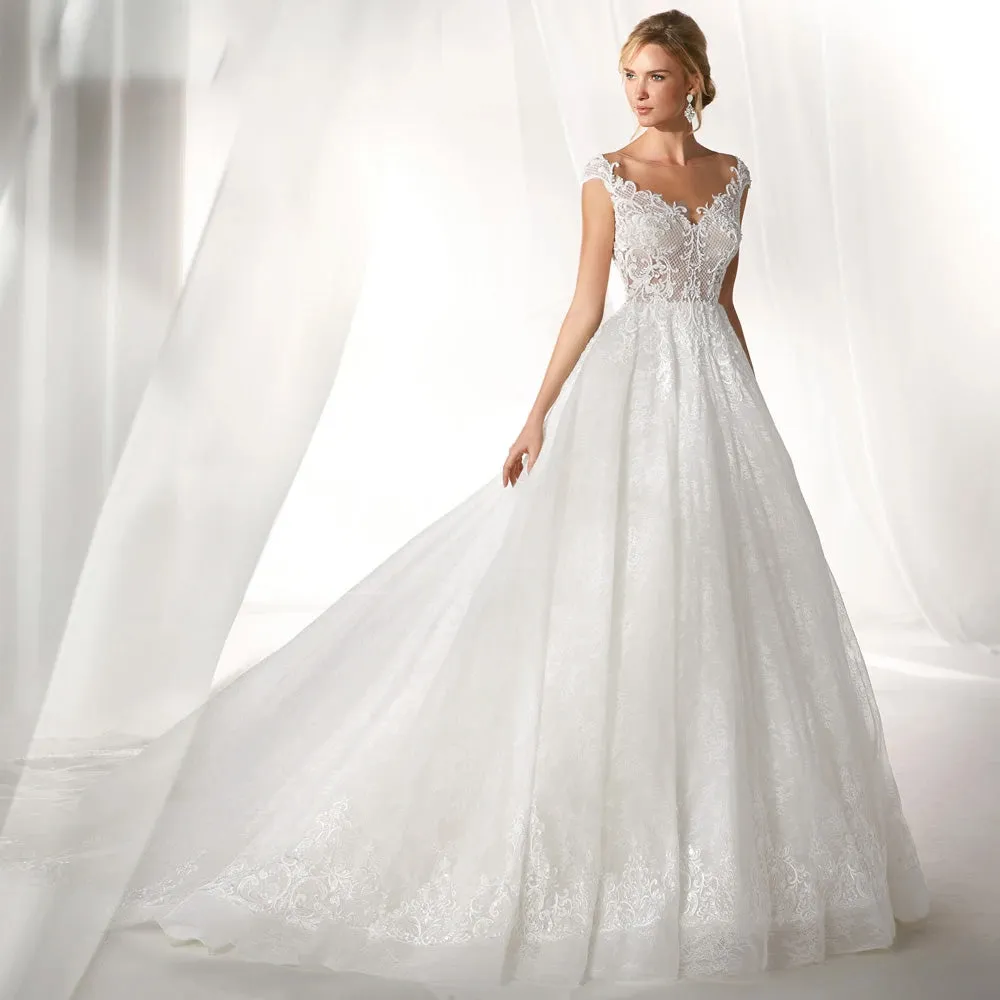 Sexy A-Line Illusion Cap Sleeve Lace Princess Wedding Dress Luxury Court Train Vintage Bridal Gowns