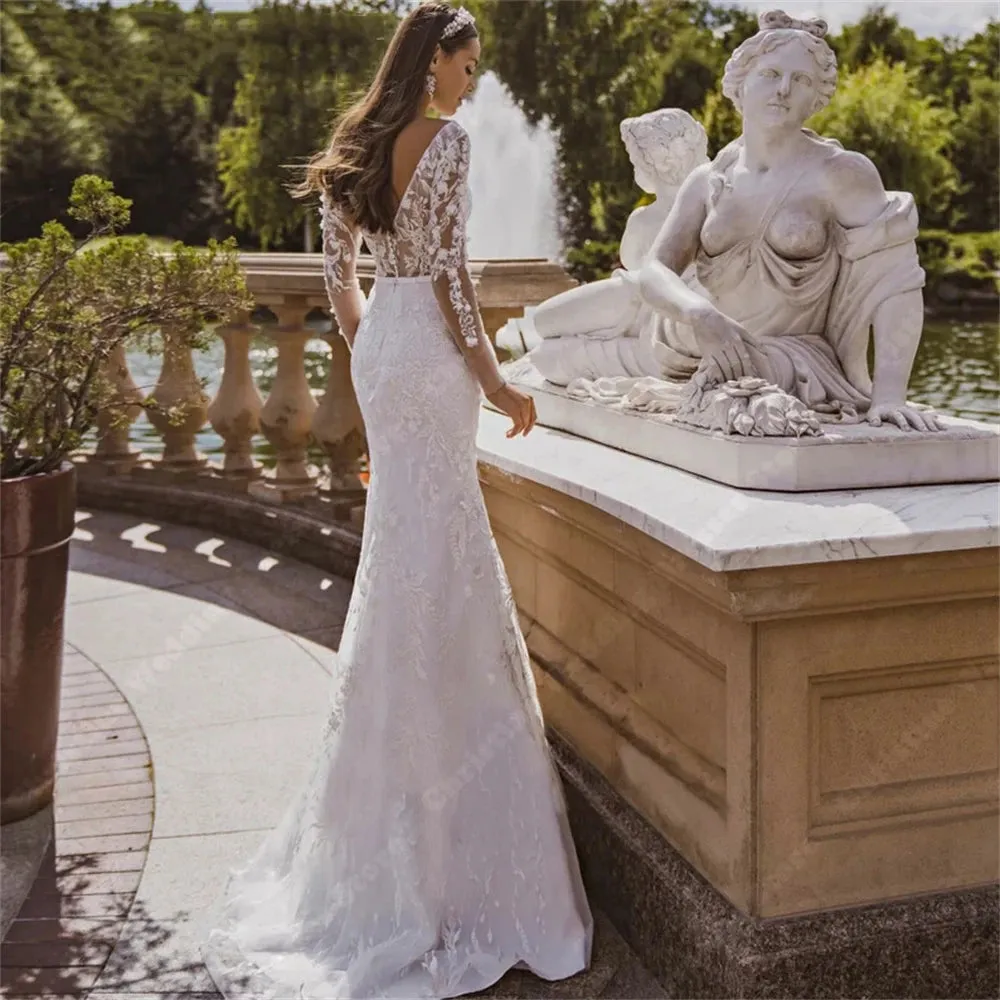 Sexy Custom Mermaid Wedding Dress with Deep V-Neck, Floral Lace, and Mopping Length