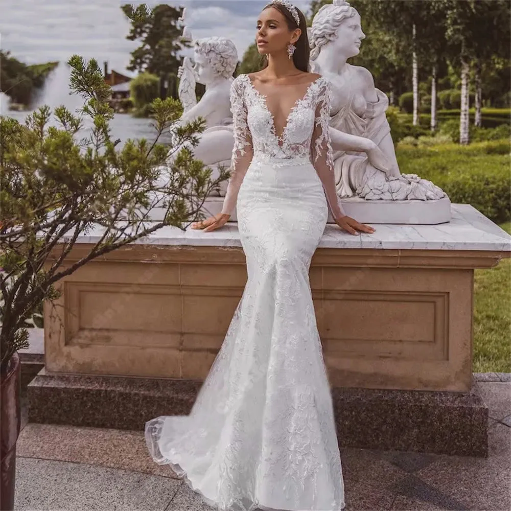 Sexy Custom Mermaid Wedding Dress with Deep V-Neck, Floral Lace, and Mopping Length