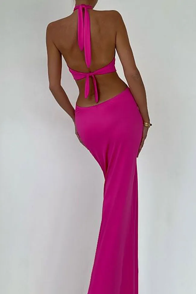 Sexy Wrap Front O Ring Cutout Fishtail Halter Tie Backless Maxi Dress - Rose