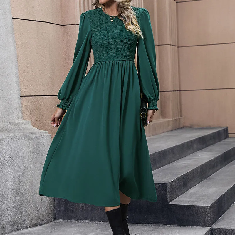 Solid Color Long Sleeve Silky Round Neck Maxi Dress