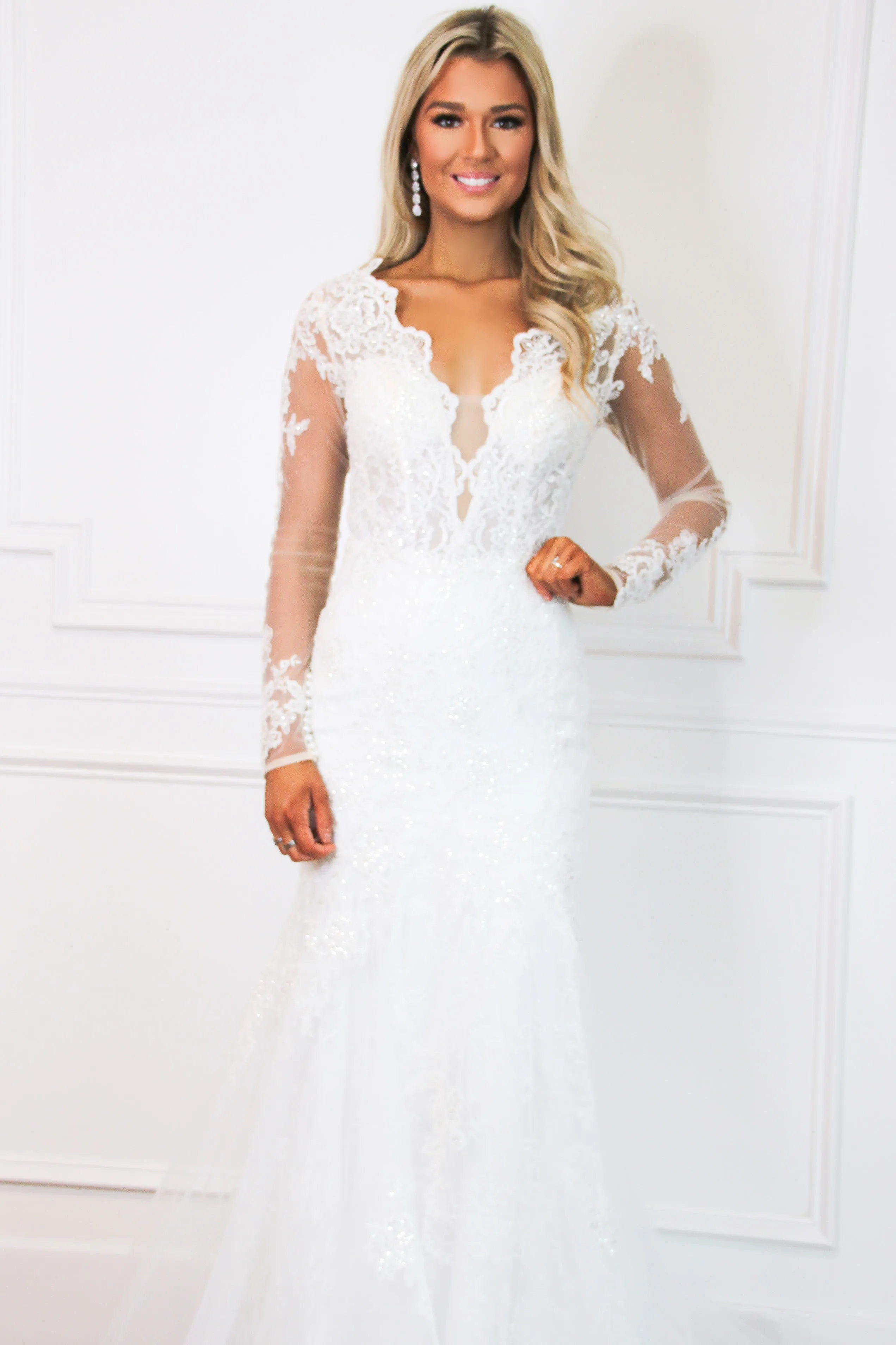 Sophia Long Sleeve Lace Mermaid Wedding Dress: White