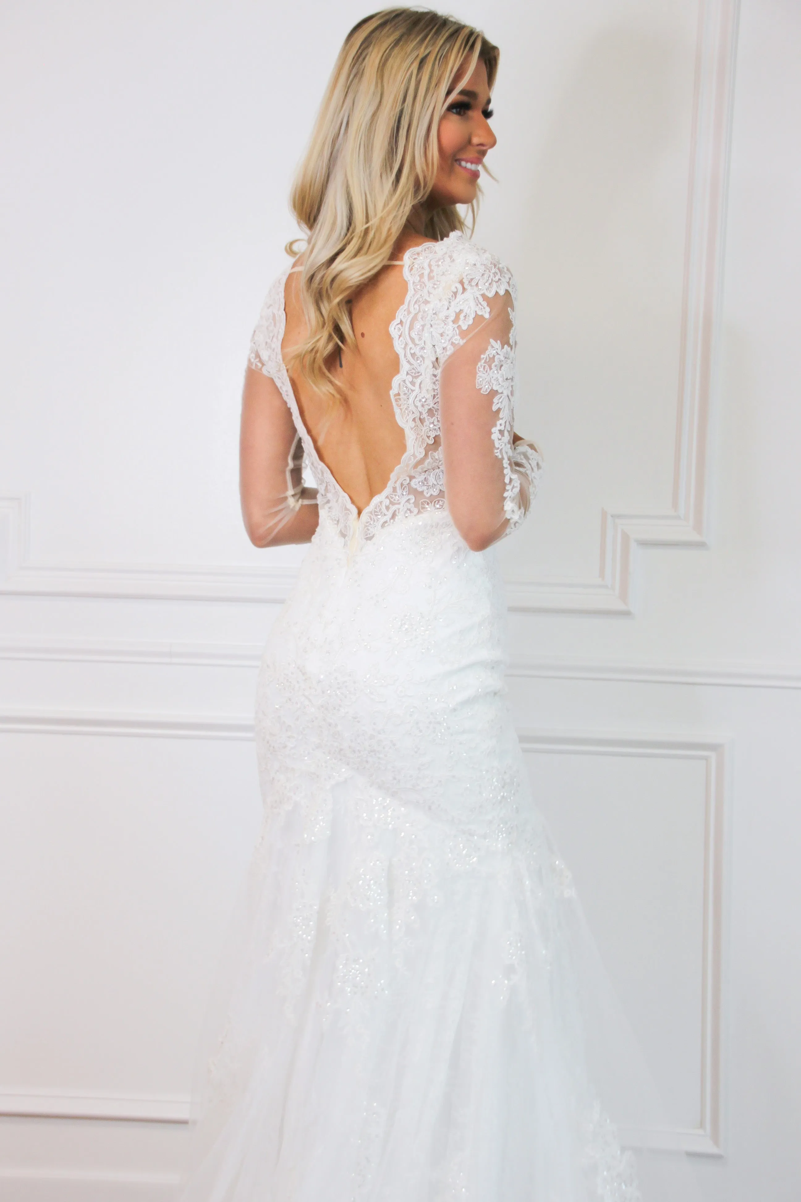 Sophia Long Sleeve Lace Mermaid Wedding Dress: White