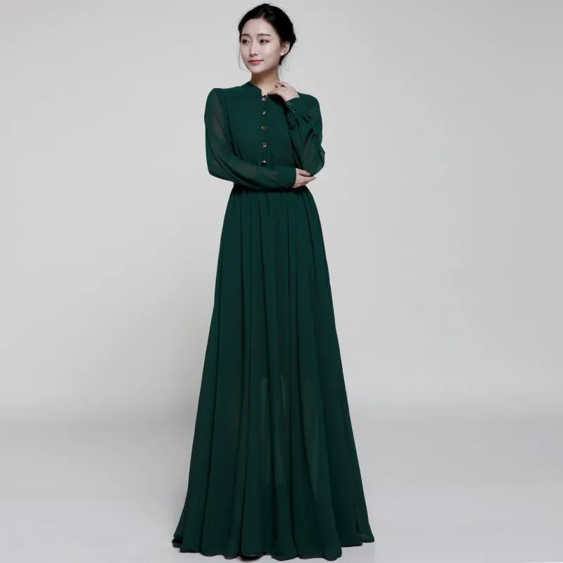 Stand-Up Collar Single-Breasted Long-Sleeved Large Swing Chiffon Mopping Dress