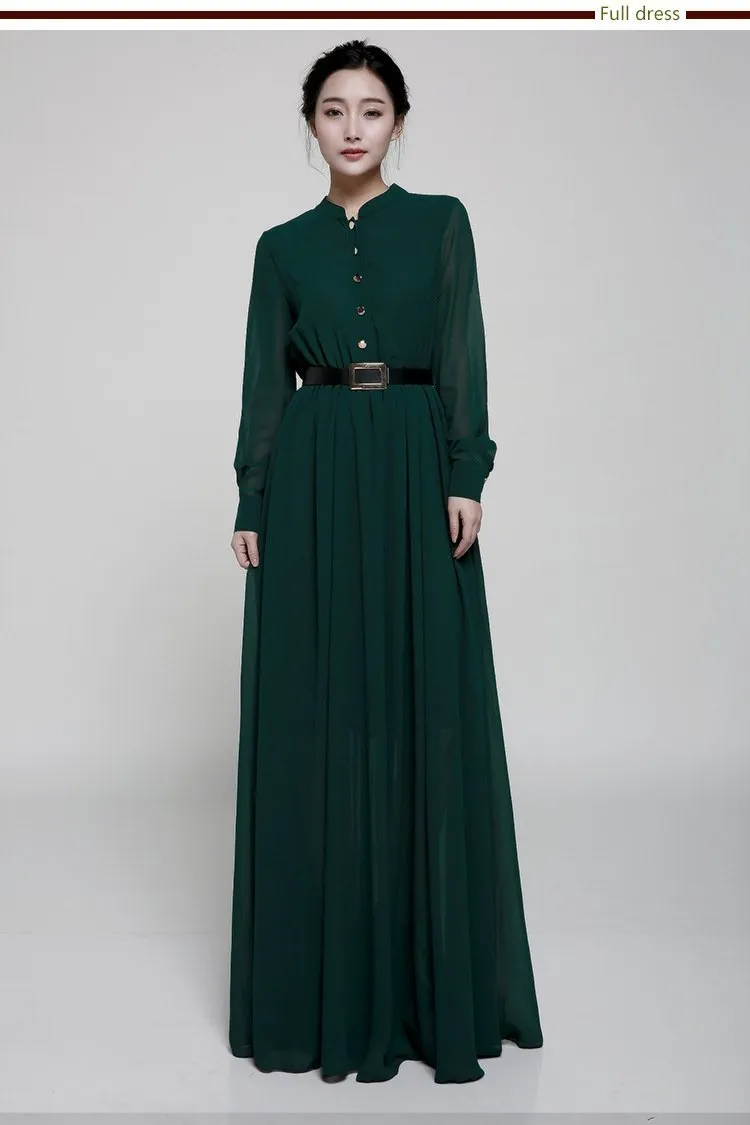 Stand-Up Collar Single-Breasted Long-Sleeved Large Swing Chiffon Mopping Dress