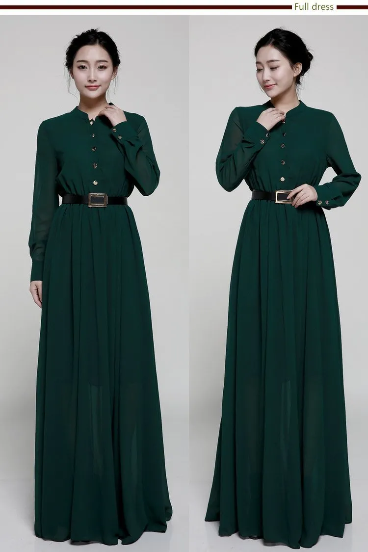 Stand-Up Collar Single-Breasted Long-Sleeved Large Swing Chiffon Mopping Dress