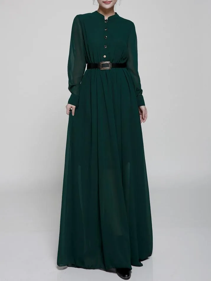 Stand-Up Collar Single-Breasted Long-Sleeved Large Swing Chiffon Mopping Dress