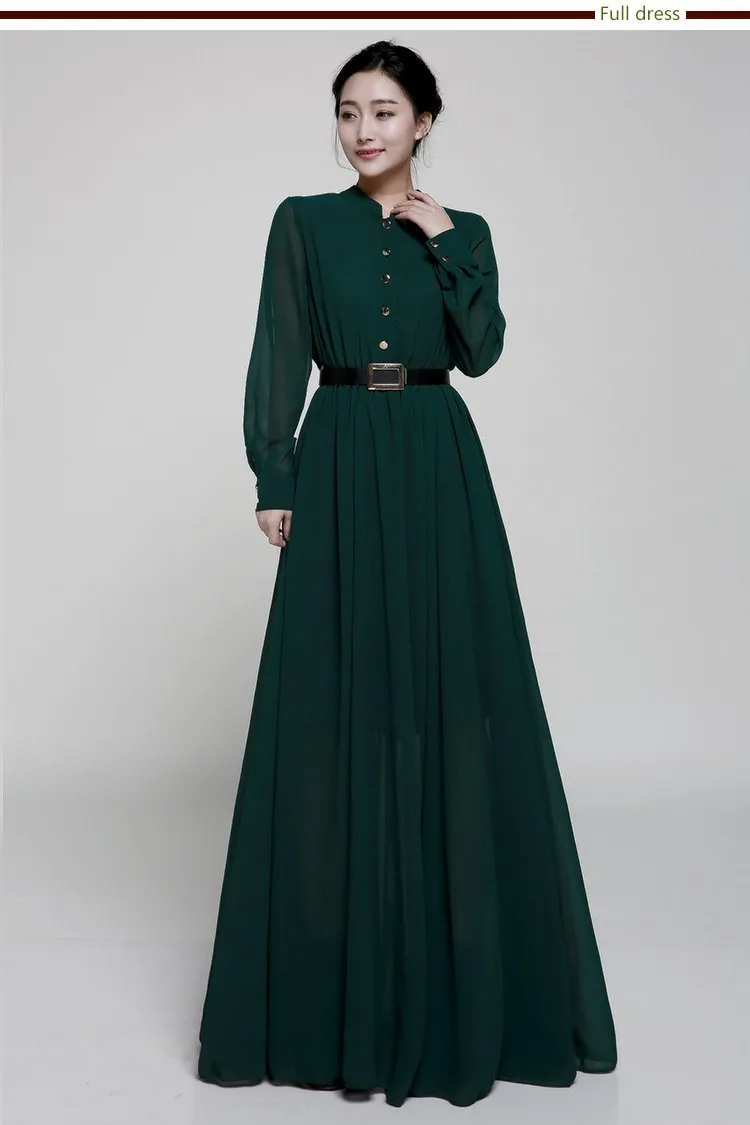 Stand-Up Collar Single-Breasted Long-Sleeved Large Swing Chiffon Mopping Dress