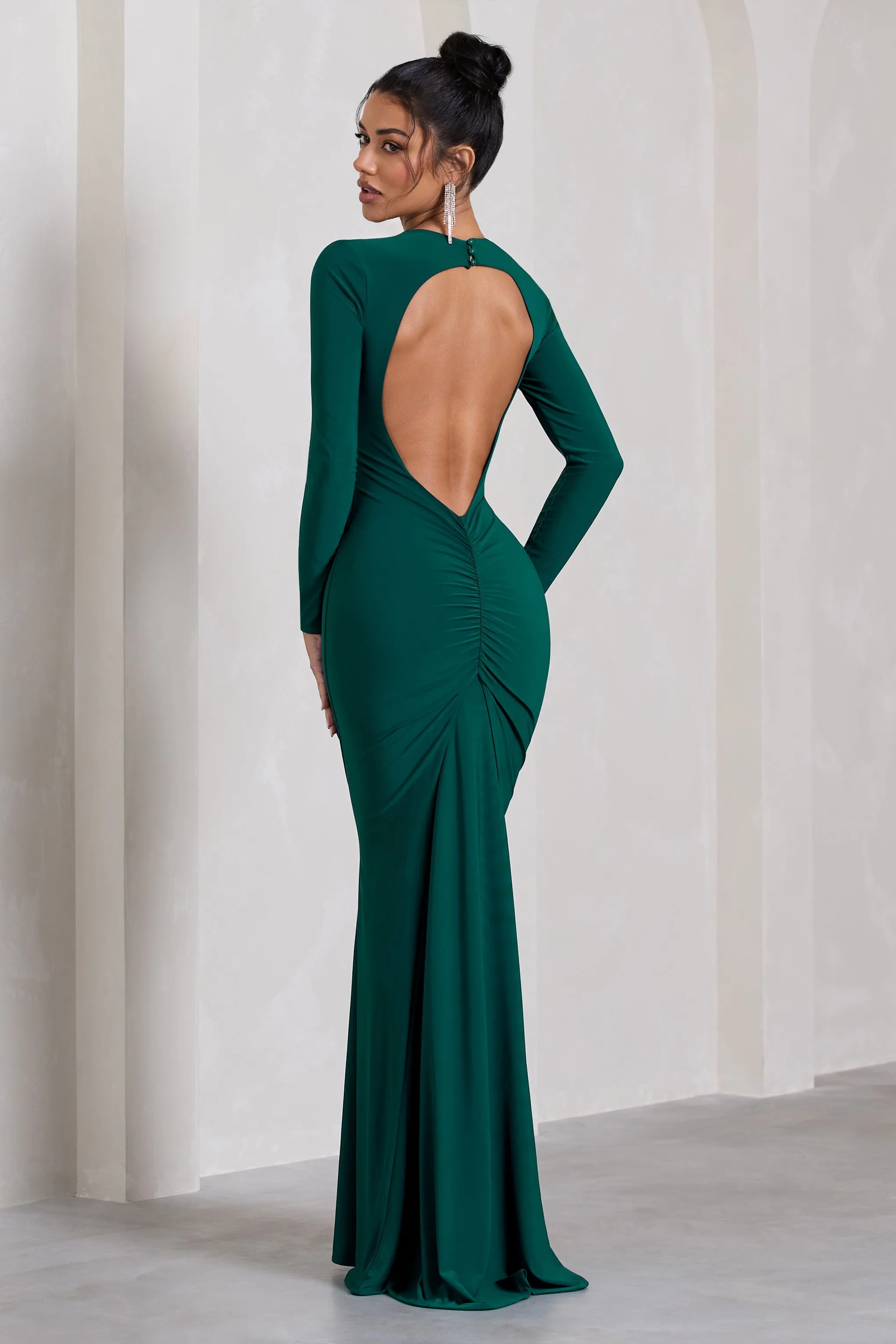 Starring | Bottle Green Long-Sleeve Backless Fishtail Maxi Dress